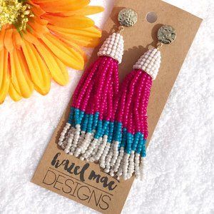 Boho Earrings Tassel Bead Posts Pink Blue & White